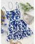 Women's Summer Mini Dress – Blue & White Floral Print, Open Back, Cami Style A-Line Vacation Outfit