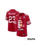 Christian McCaffrey 23 San Francisco 49ers Throwing Ball Game YOUTH Jersey – Scarlet