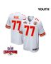 Lucas Niang 77 Kansas City Chiefs Super Bowl LVIII Champions 4 Stars Patch Game YOUTH Jersey – White