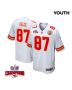 Travis Kelce 87 Kansas City Chiefs Super Bowl LVIII Champions 4 Stars Patch Game YOUTH Jersey – White