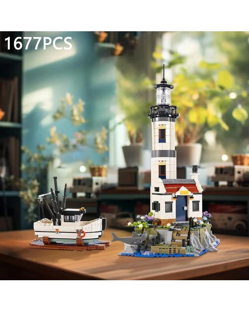 Electric Lighthouse Building Set - Fisherman Rescue Scene with Boats | Light-up Coastal Model for Kids Christmas Gifts