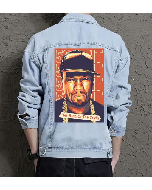 50cent Getrich Jean Jacket for Men – Gift for Music Fans – Birthday Present - Light Blue - Main View