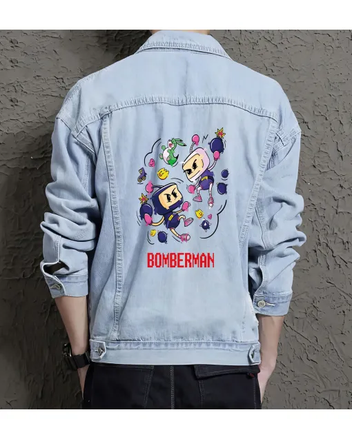 Bomberman Denim Jacket for Men – Gift for Retro Gamers – Christmas Present - Light Blue - Main View
