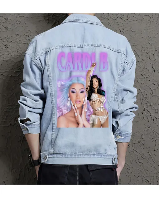 Cardi B Jean Jacket for Men – Gift for Music Fans – Birthday Present - Light Blue - Main View