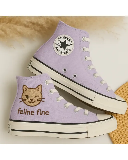 Cat Embroidered Lavender Sneakers for Women, Pet Lovers – Stylish and Comfortable for Casual Outings, Everyday Wear - Custom Embroidered - Main View
