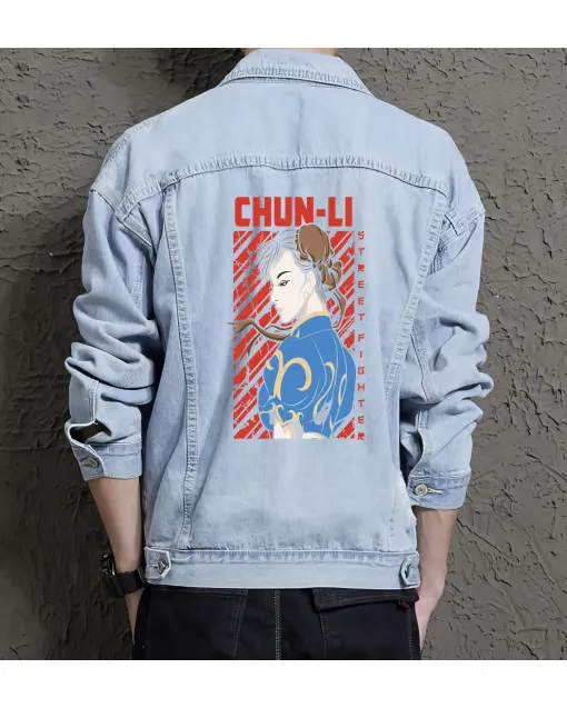 Chun-li Street Fighter Denim Jacket for Men – Gift for Gamers – Christmas Gift - Light Blue - Main View
