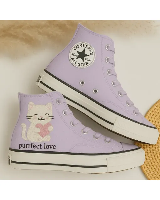 Custom Sneakers – Cozy Lavender Cat Embroidered Slippers for Women – Stylish Comfort for Relaxing Days At Home, Lounging Around - Custom Embroidered - Main View