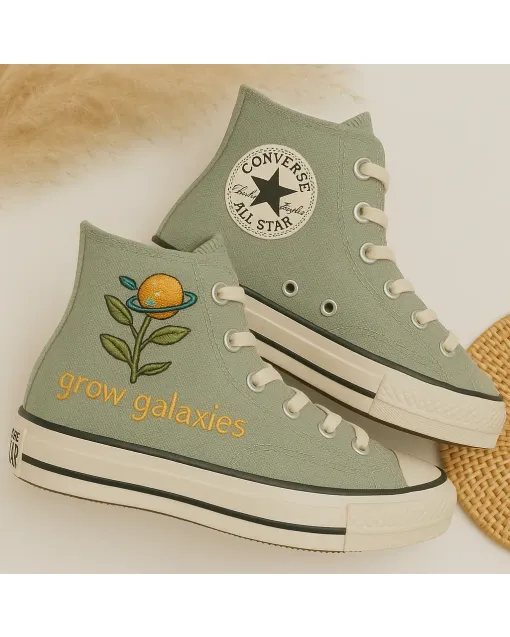 Custom Sneakers – Galactic Embroidered Sage Green Backpack for Adventure Seekers, Trendsetters, and Travel Enthusiasts – Unique Design for Outdoor - Custom Embroidered - Main View