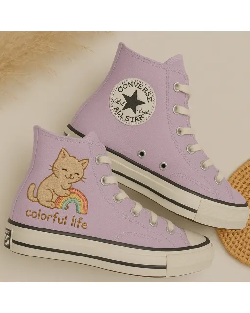Cute Lavender Cat Print Sneakers for Women Cat Lovers, Animal Enthusiasts – Stylish and Comfortable for Casual Outings, Everyday Wear - Custom Embroidered - Main View