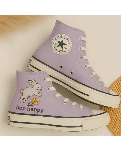 Cute Lavender Rabbit Print Sneakers for Women, Pet Lovers, Animal Enthusiasts – Comfortable and Stylish for Casual Outings, Everyday Wear - Custom Embroidered - Main View
