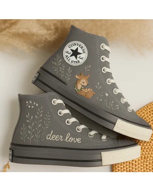 Deer Print Canvas Sneakers for Women – Comfort for Casual Walks, Outdoor Adventures – Perfect Gift for Nature Lovers - Custom Embroidered - Main View