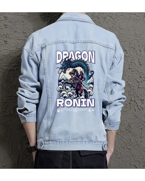 Dragon Ronin T-shirt Templatedesign Jean Jacket for Men – Gift for Urban Fashion Enthusiasts – Birthday Present - Light Blue - Main View