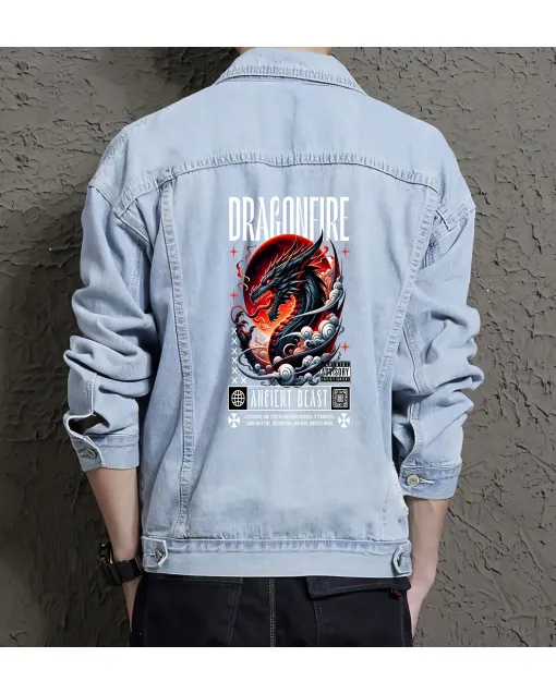 Dragonfire Ancientbeast Jean Jacket for Men – Gift for Streetwear Enthusiasts – Birthday Present - Light Blue - Main View