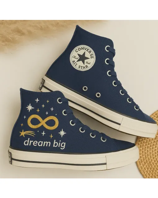Dream Big Celestial Embroidered Sneakers for Dreamers, Trendsetters, and Fashionistas – Stand Out in Style for Casual Outings, Everyday Wear - Custom Embroidered - Main View