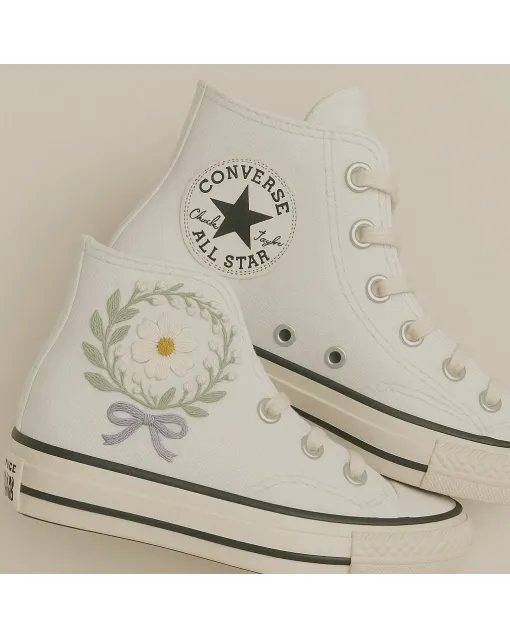 Elegant Ivory Floral Sneakers for Women – Comfort for Casual Walks, Birthday Parties – Perfect Gift for Her - Custom Embroidered - Main View