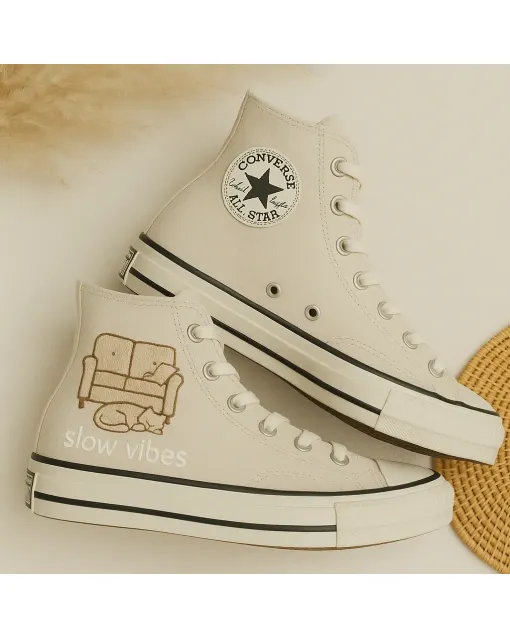 Embroidered Beige Sneakers for Trendsetters and Fashionistas – Stylish Statement for Casual Outings, Everyday Wear - Custom Embroidered - Main View