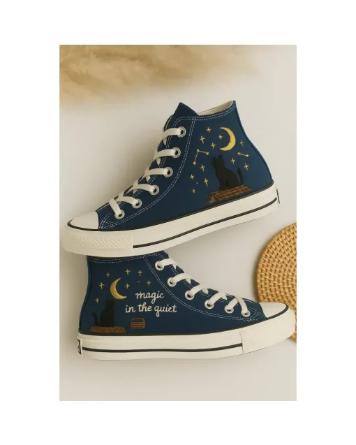 Embroidered Black Canvas Sneakers for Cat Lovers, Trendsetters & Moonlight Enthusiasts – Stylish & Comfortable for Casual Outings, Night Strolls for - Custom Embroidered - Main View