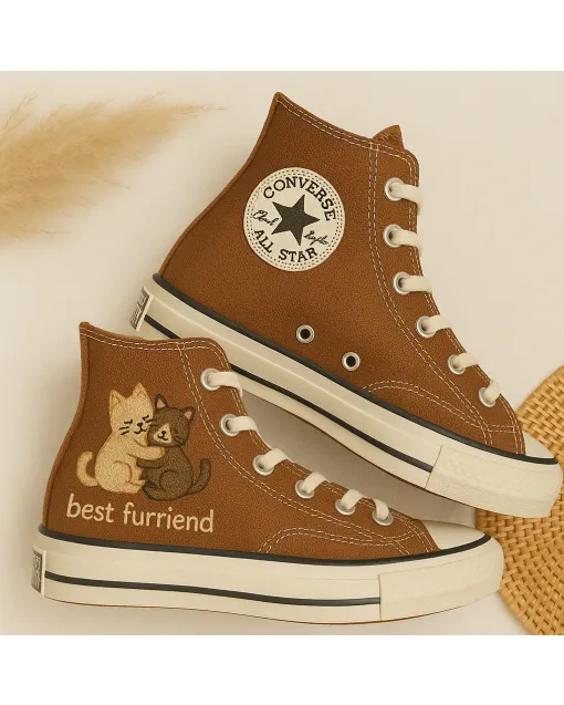 Embroidered Brown Sneakers for Men and Women – Unique Artistic Design for Casual Outings, Everyday Wear - Custom Embroidered - Main View