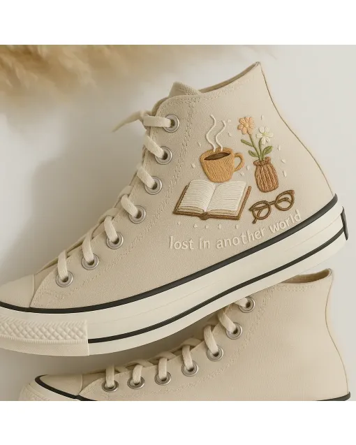 Embroidered Canvas Sneakers for Book Lovers, Writers, and Artists – Stylish & Comfortable Shoes for Casual Outings, Book Signings for Weddings & - Custom Embroidered - Main View