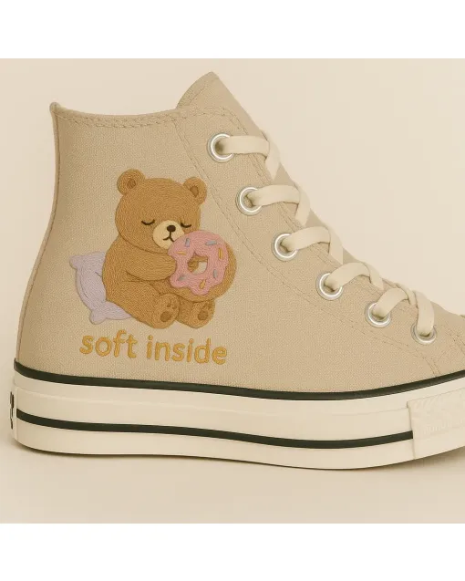 Embroidered Canvas Sneakers for Kids, Teens, Adults – Cute Bear Design for Everyday Wear, Casual Outings - Custom Embroidered - Main View