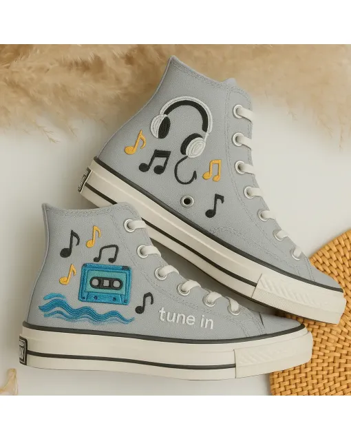 Embroidered Canvas Sneakers for Music Lovers, Trendsetters, and Festival Goers – Vibrant Vibes for Concerts, Summer Events for Weddings & Festivals - Custom Embroidered - Main View