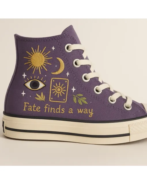 Embroidered Canvas Sneakers for Tarot Enthusiasts, Astrology Lovers, and Boho Fashionistas – Unique Tiny Symbols Design for Everyday Wear, Festival - Custom Embroidered - Main View