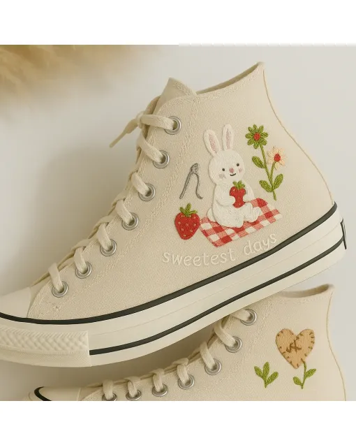 Embroidered Canvas Sneakers for Women, Girls, Kids – Cute Bunny Design for Casual Outings, Picnics for Weddings & Festivals - Custom Embroidered - Main View