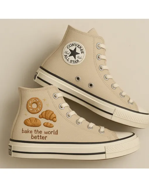 Embroidered Canvas Sneakers for Women, Men, Kids – Freshly Baked Beige Embroidery for Casual, Everyday Wear for Weddings & Festivals - Custom Embroidered - Main View