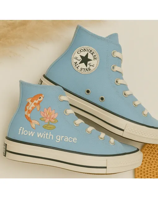 Embroidered Canvas Sneakers for Women, Men, Kids – Stylish Koi Fish Design for Everyday Wear, Casual Outings - Custom Embroidered - Main View
