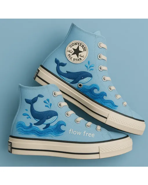 Embroidered Canvas Sneakers for Women, Men, Kids – Whales in Motion Design for Casual, Outdoor Style for Weddings & Festivals - Custom Embroidered - Main View