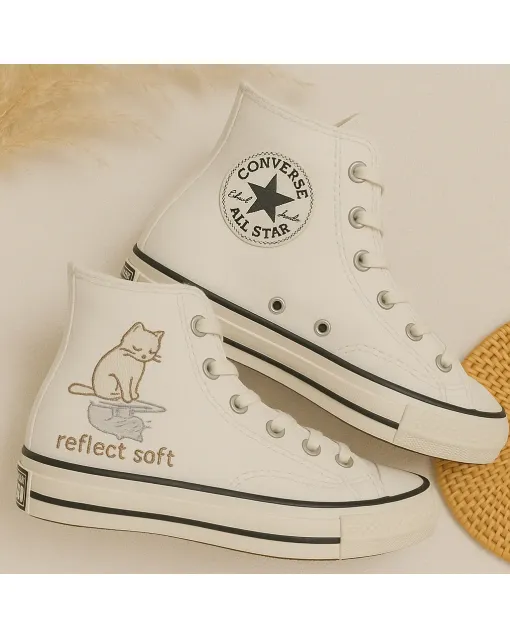 Embroidered Cat Design Sneakers for Women – Cute Animal Print Shoes for Pet Lovers, Casual Walks – Perfect Gift for Cat Owners - Custom Embroidered - Main View