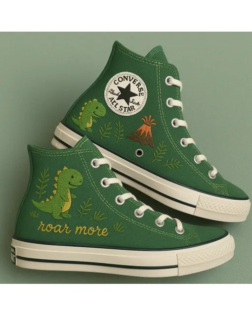 Embroidered Dino Canvas Sneakers for Kids, Teens, Adults – Fun & Stylish for Everyday Wear, Outdoor Activities - Custom Embroidered - Main View