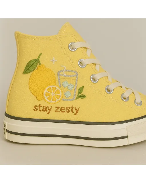 Embroidered Lemonade Canvas Sneakers for Women, Teens, Girls – Vibrant Style for Casual Outings, Summer Fun for Weddings & Festivals - Custom Embroidered - Main View