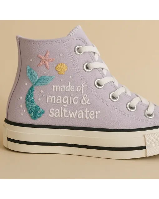 Embroidered Mermaid Canvas Sneakers for Women, Girls, Teens – Stylish Comfort for Everyday Wear, Beach Adventures - Custom Embroidered - Main View