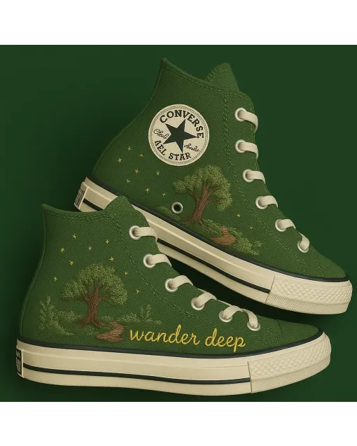 Embroidered Mystic Forest Green Canvas Sneakers for Men, Women, Kids – Stylish Comfort for Everyday Wear, Outdoor Activities - Custom Embroidered - Main View
