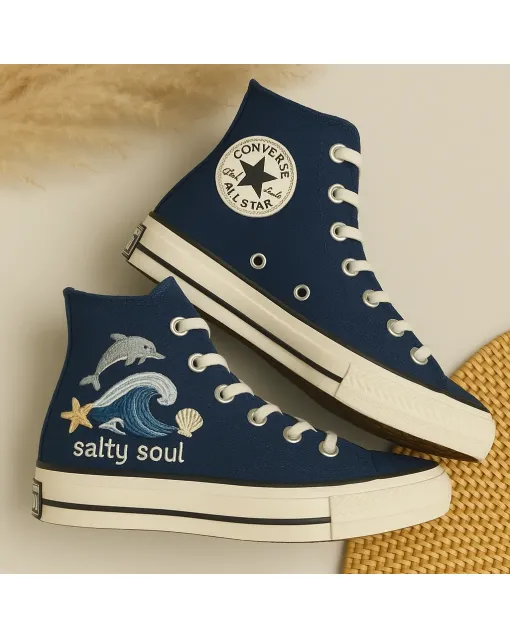 Embroidered Ocean Blue Canvas Sneakers for Men, Women, Kids – Stylish Comfort for Everyday Wear, Beach Outings - Custom Embroidered - Main View