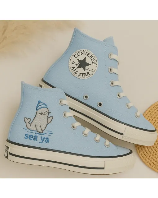 Embroidered Seal Coastal Sneakers for Women and Beach Lovers – Stylish Comfort for Summer Outings, Vacations - Custom Embroidered - Main View