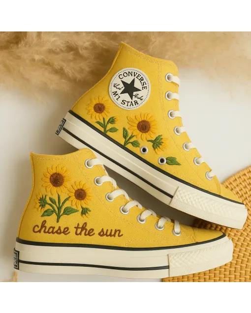 Embroidered Sunflower Canvas Sneakers for Women, Girls, Kids – Stylish Comfort for Everyday Wear, Summer Fun - Custom Embroidered - Main View