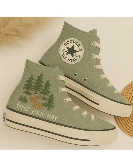 Embroidered Woodland Sneakers for Nature Lovers, Outdoor Enthusiasts – Unique Design for Casual Wear, Hiking - Custom Embroidered - Main View