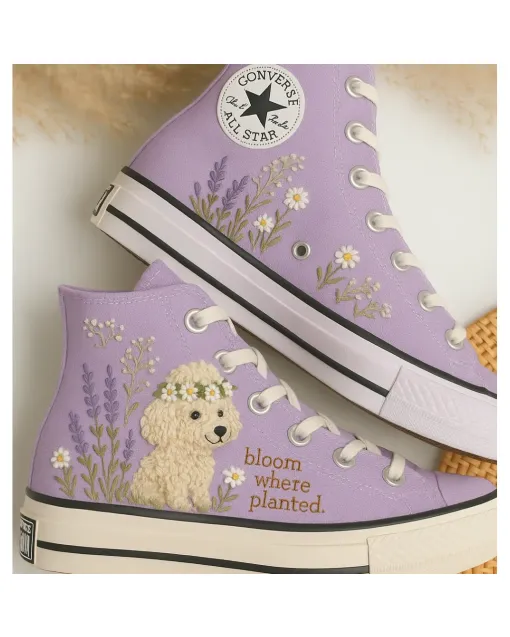 Floral Poodle Sneakers for Women and Pet Lovers – Comfort for Casual Walks, Pet Adoption Events  Perfect Gift for Dog Owners - Custom Embroidered - Main View
