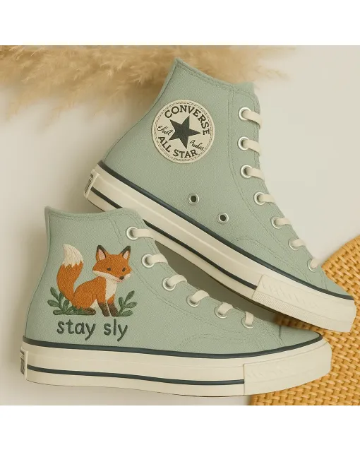 Fox Embroidered Sage Green Sneakers for Nature Lovers, Wildlife Enthusiasts – Unique Design for Casual Outings, Outdoor Adventures - Custom Embroidered - Main View