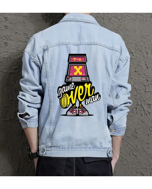 Game Over Man Denim Jacket for Men – Gift for Gamers – Christmas Gift - Light Blue - Main View