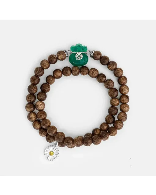 Handcrafted Natural Agarwood Bracelet for Spiritual Gift Buyers – Grounding Energy for Meditation, Protection – Brown Agarwood, Green – Main View