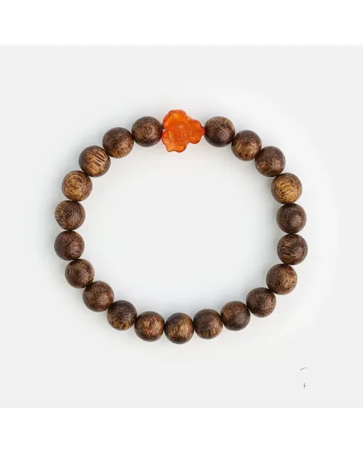 Handcrafted Natural Agarwood Bracelet for Spiritual Souls – Grounding Energy for Meditation, Protection – Brown Agarwood, Red – Main View