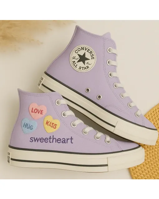 Heart Embroidered Canvas Sneakers for Fashionistas, Trendsetters, Stylish Individuals – Unique Design for Casual Outings, Everyday Wear - Custom Embroidered - Main View