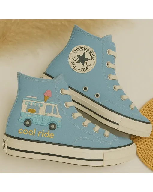 Ice Cream Embroidered Sneakers for Women and Teens – Fun Statement Shoes for Casual Outings, Summer Fun - Custom Embroidered - Main View