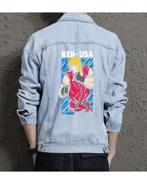 Ken From Street Fighter Denim Jacket for Men - Gift for Fighting Game Fans - Christmas Gift - Light Blue - Main View