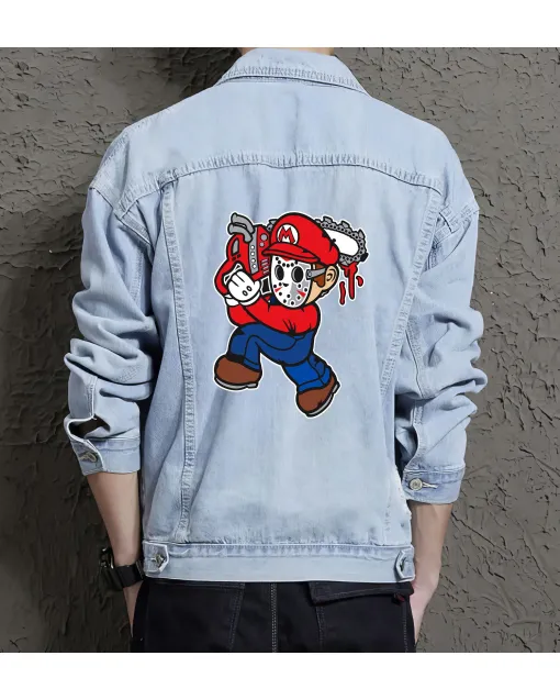 Mario Retro Leatherface Jacket for Men – Gift for Video Game Fans – Christmas Gift - Light Blue - Main View