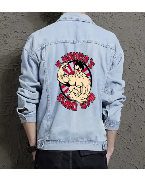 Men's Denim Jacket - Sumo Gym Edition - Gift for Him - Stylish Outerwear for Athletes - Christmas Present - Light Blue - Main View