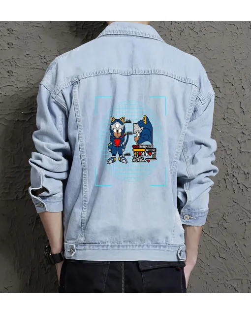 Men's Jean Jacket - Retro Sonic - Gift for Fans - Vintage Look - Christmas Present - Light Blue - Main View
